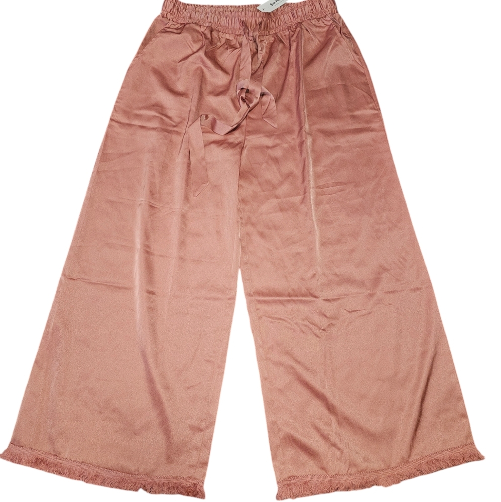 Three Bird Nest Pants Women's Large Coral Wide Leg Crop Fringe Hem Flowy Boho